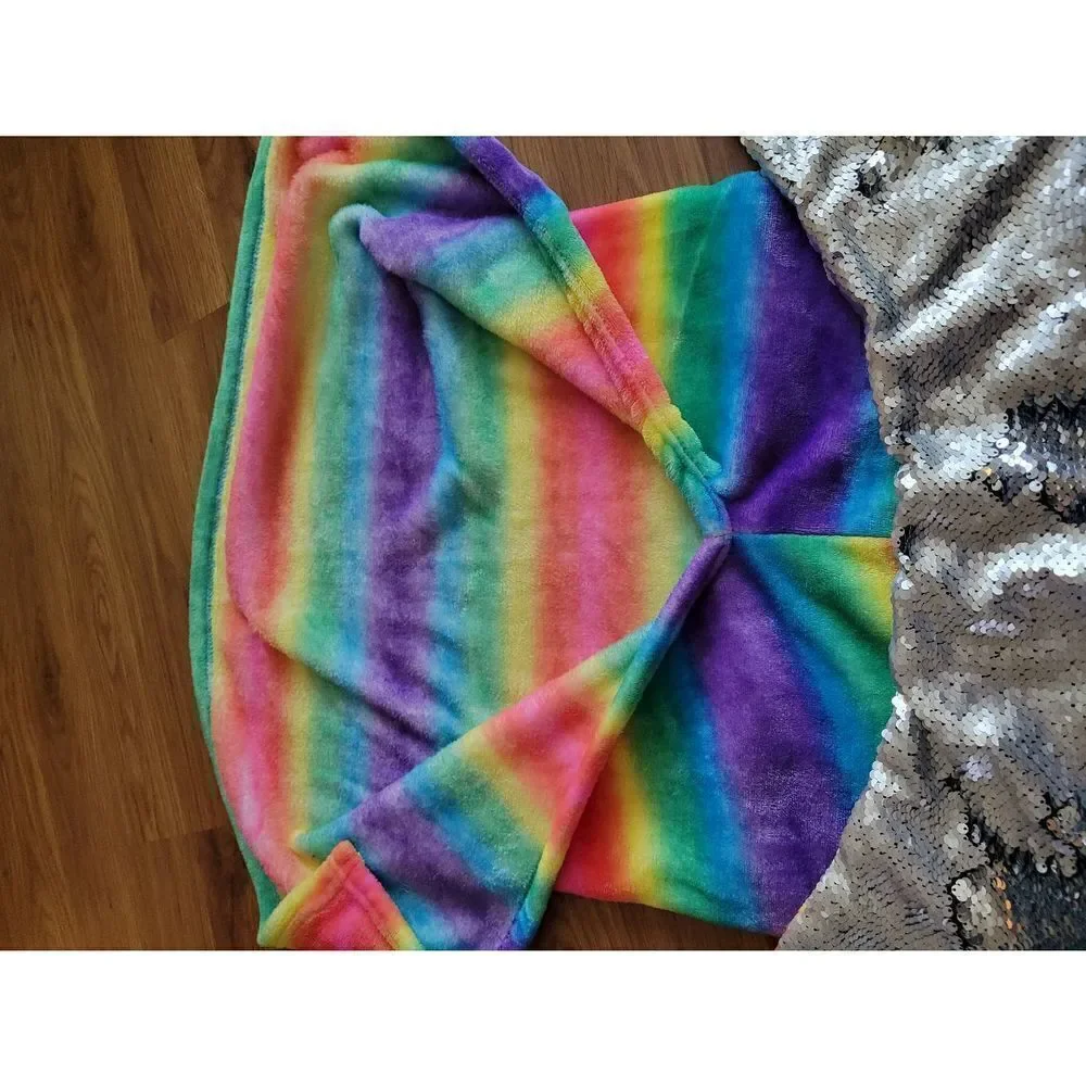 Rainbow  Mermaid Tail Blanket Silver‎ Flip Sequin Fin Fleece Sleepover Cozy